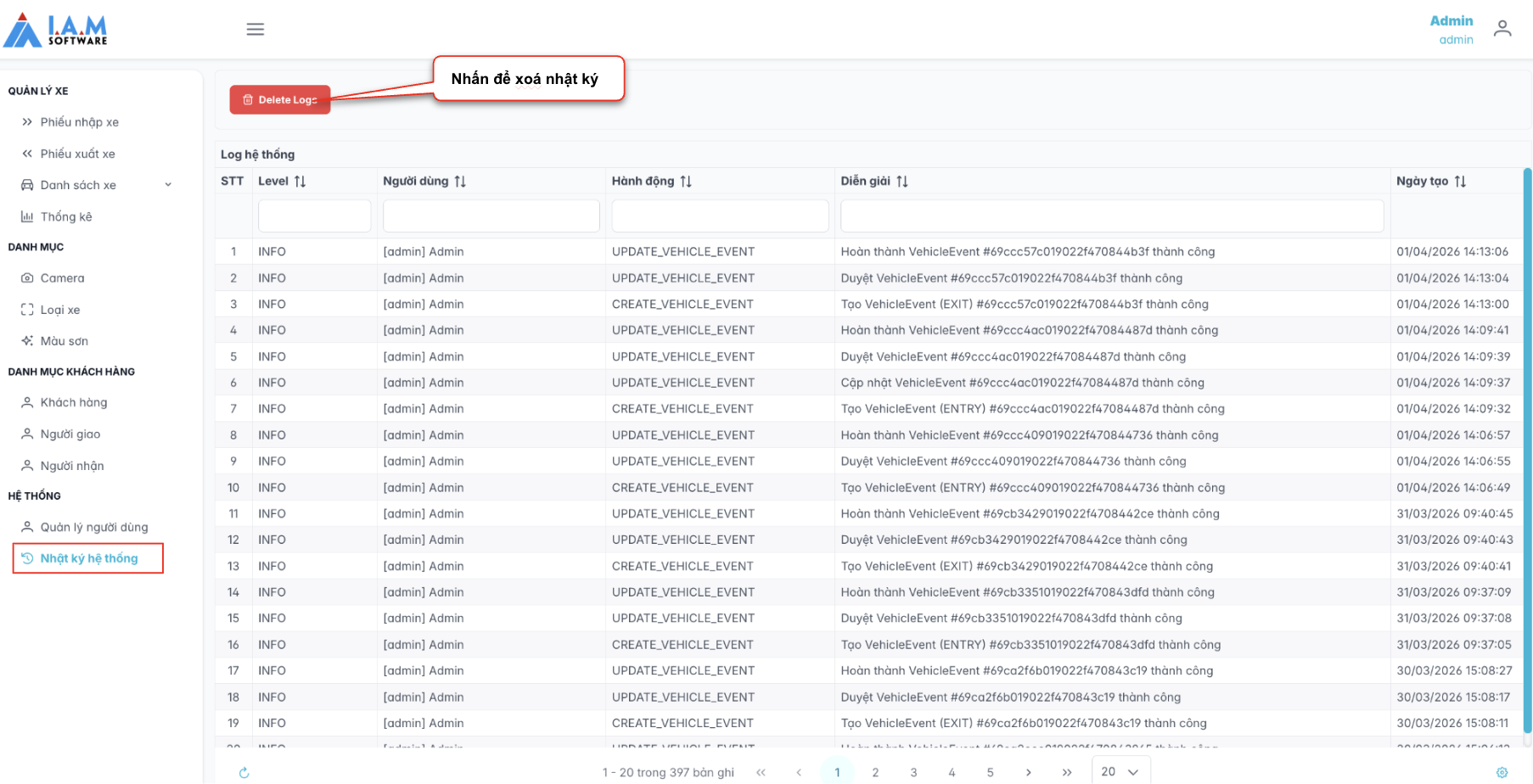 Màn hình danh sách nhật ký hệ thống