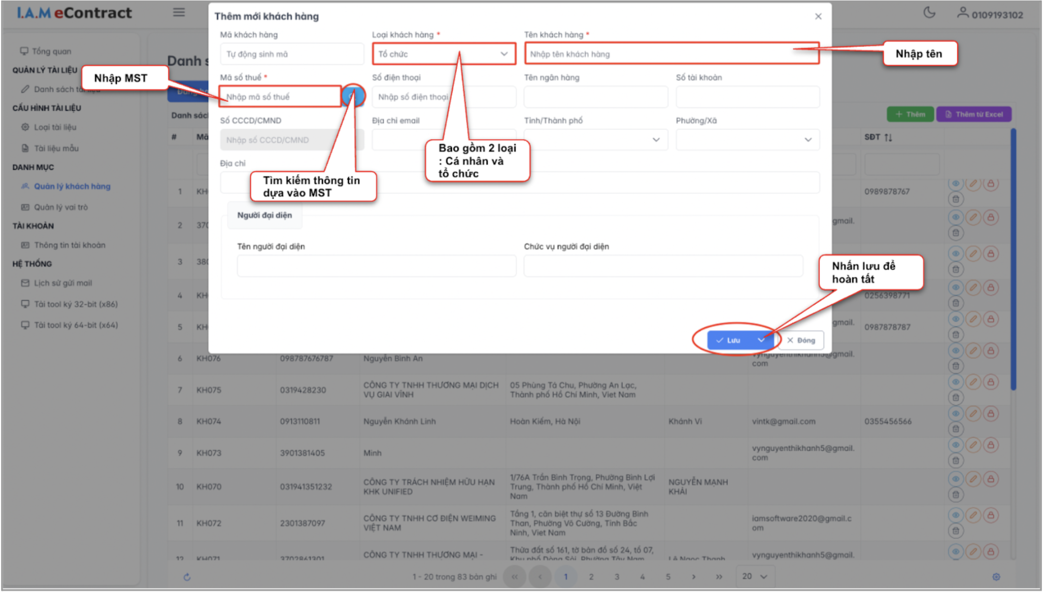 Màn hình thao tác tạo mới khách hàng