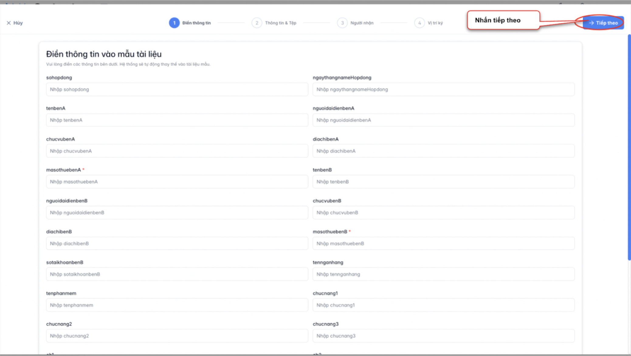 Màn hình thao tác tạo tài liệu từ mẫu - Điền thông tin