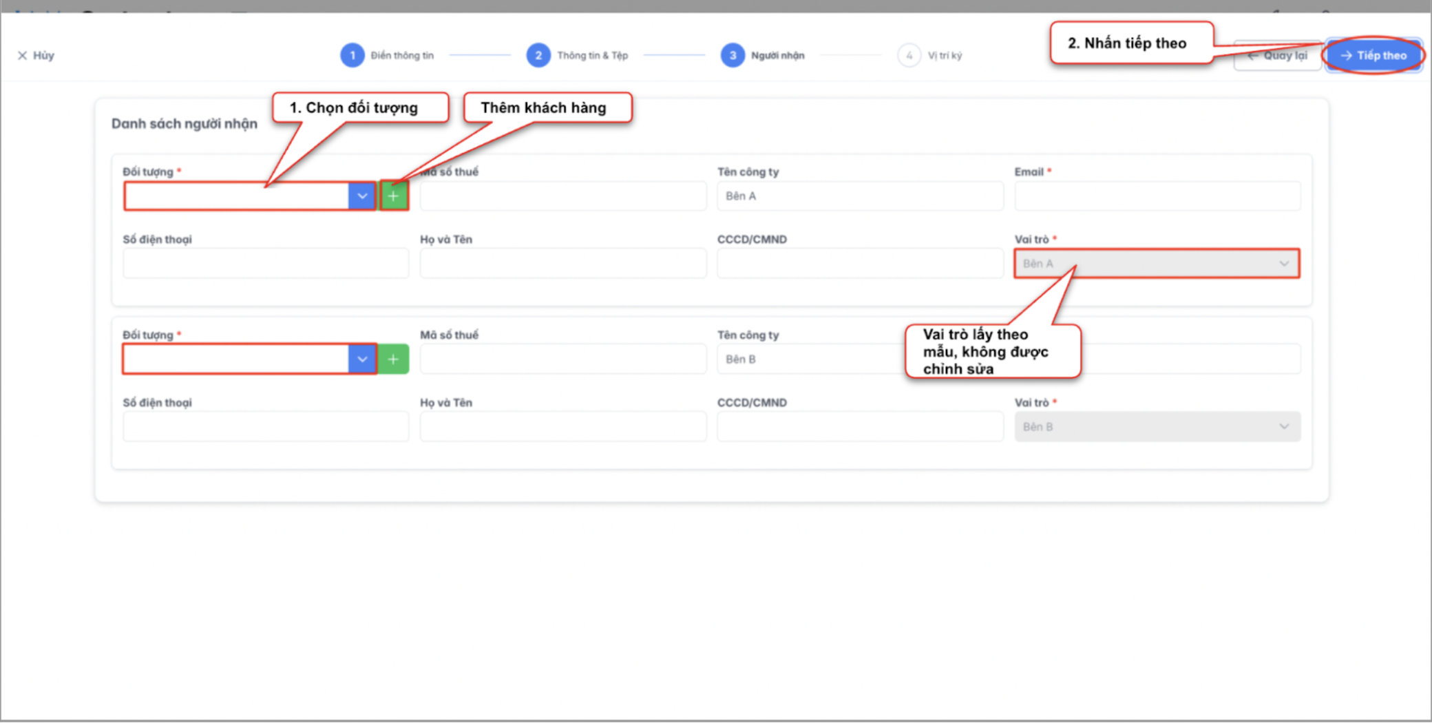Màn hình thao tác tạo tài liệu từ mẫu - Người nhận