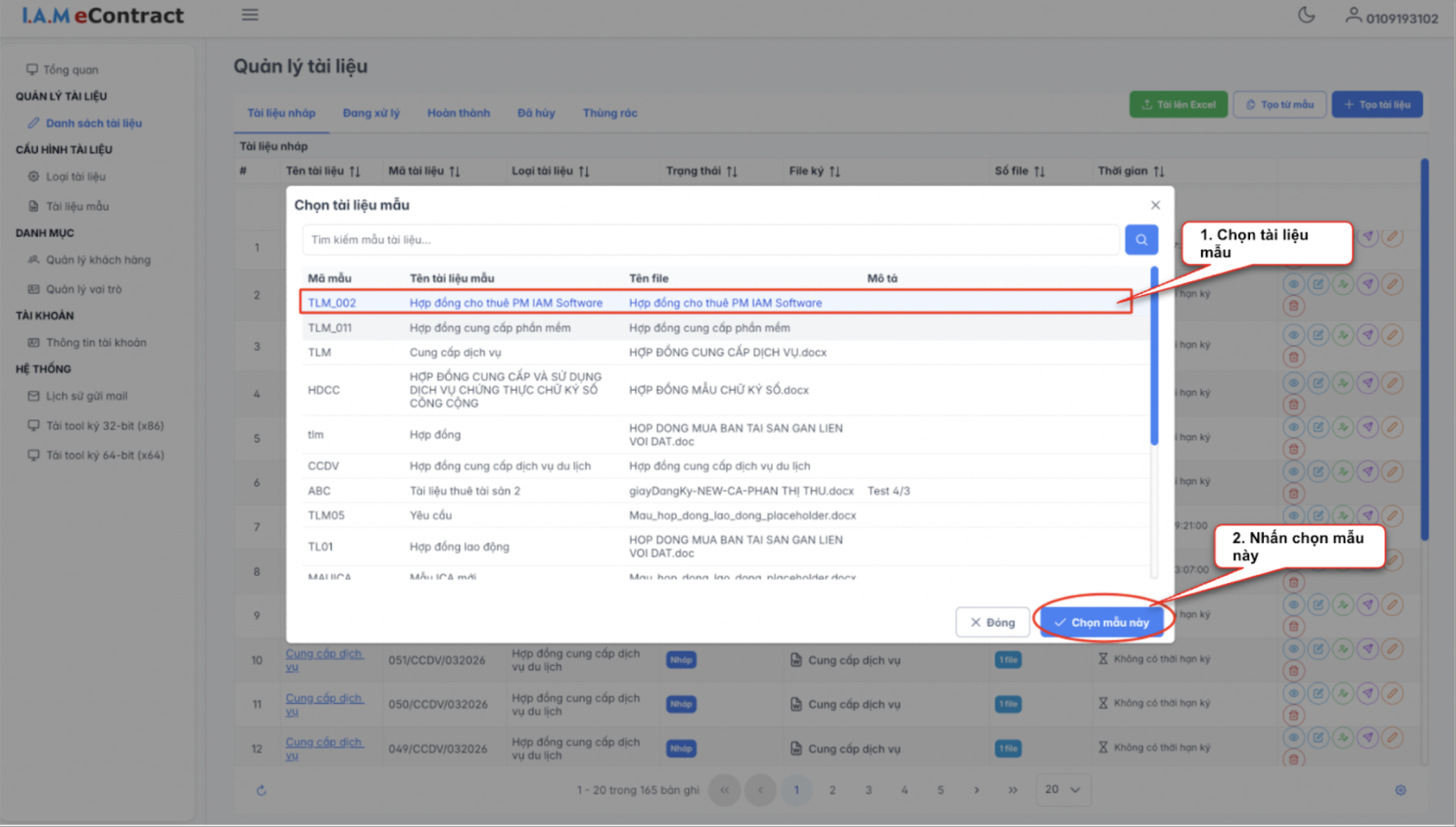 Màn hình thao tác tạo tài liệu từ mẫu - Chọn tài liệu mẫu