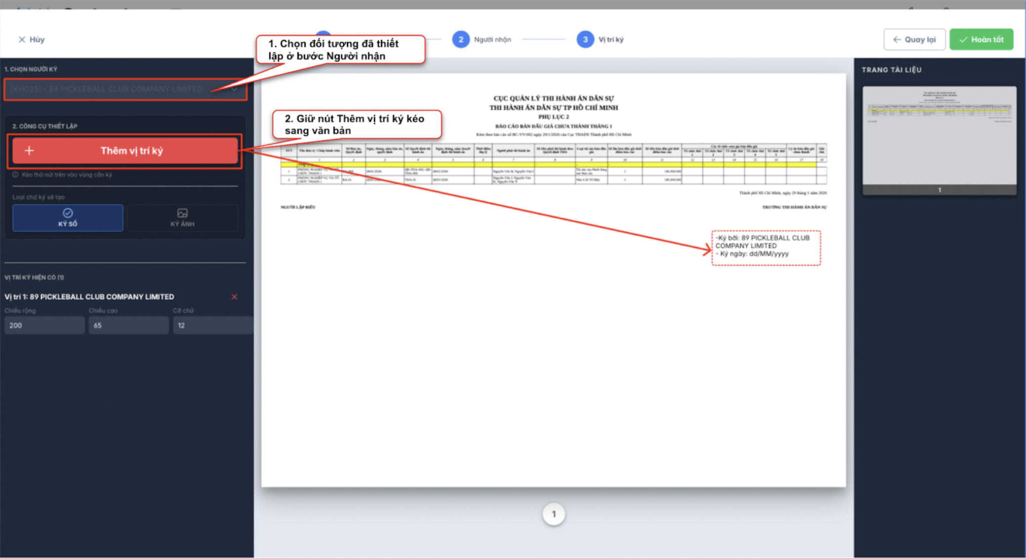 Màn hình thao tác tạo tài liệu - Vị trí ký
