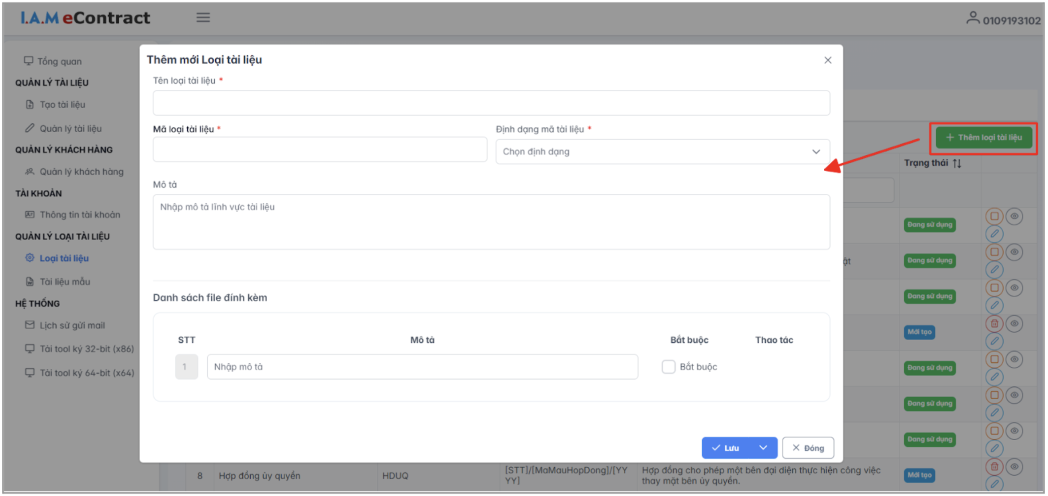 Màn hình thao tác thêm mới loại tài liệu