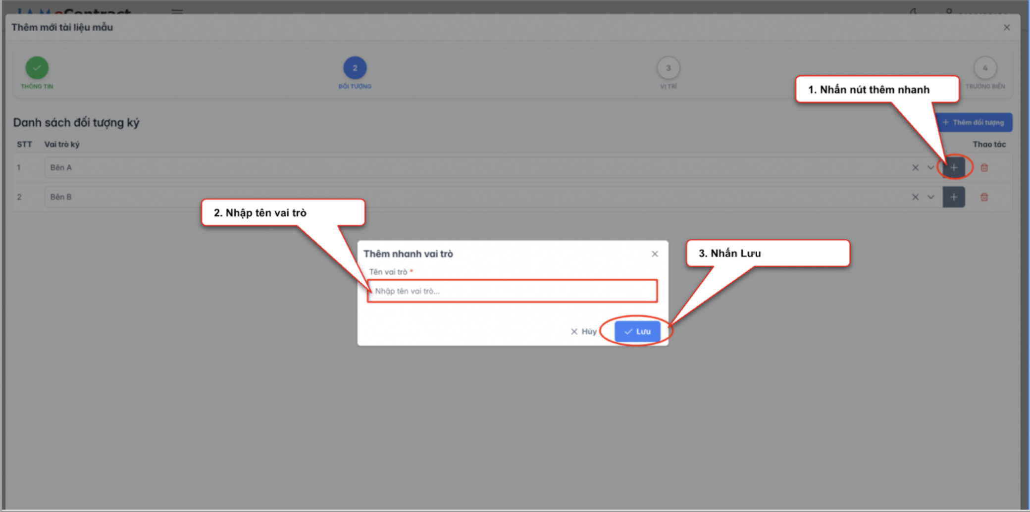 Màn hình thao tác tạo tài liệu mẫu - đối tượng - thêm nhanh vai trò