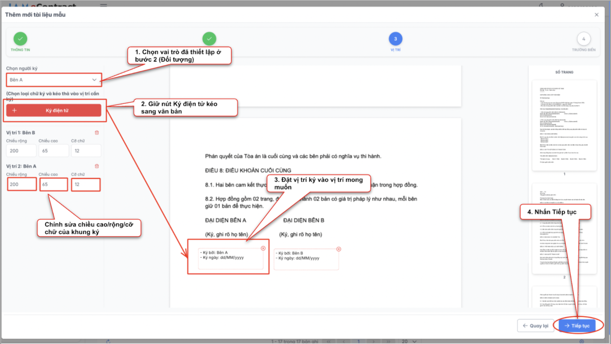 Màn hình thao tác tạo tài liệu mẫu - vị trí