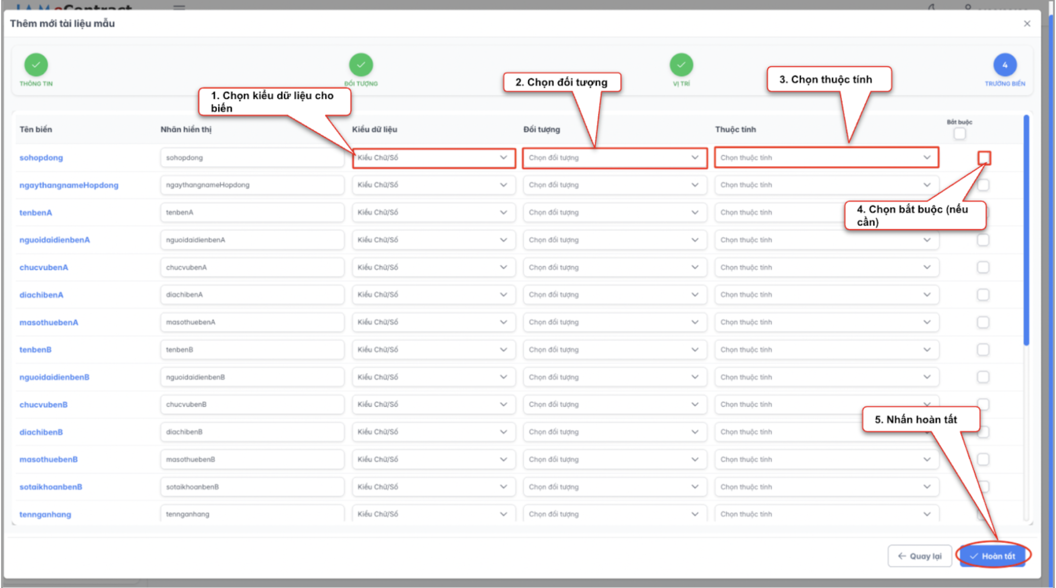Màn hình thao tác tạo tài liệu mẫu - trường biến