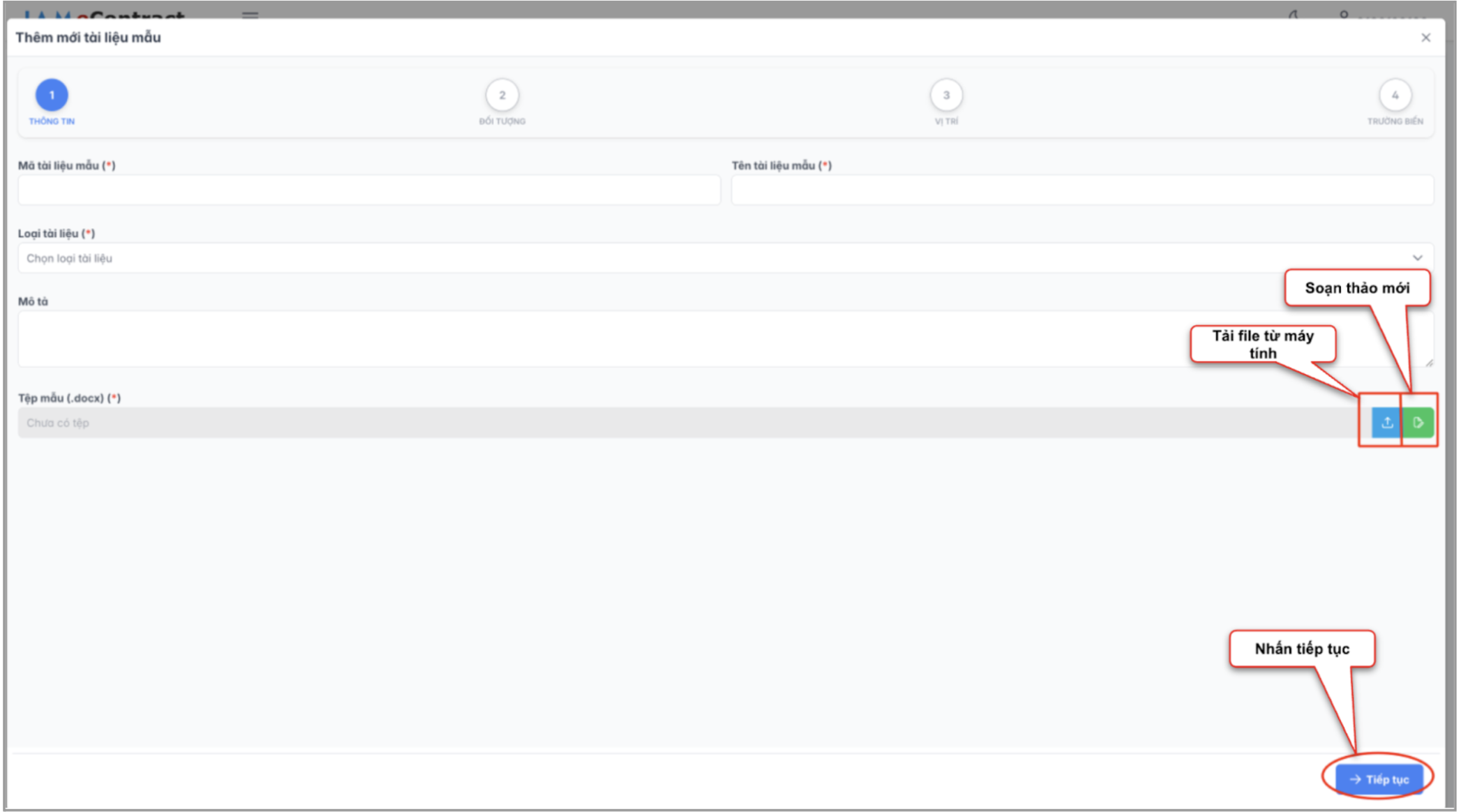 Màn hình thao tác tạo tài liệu mẫu - thông tin