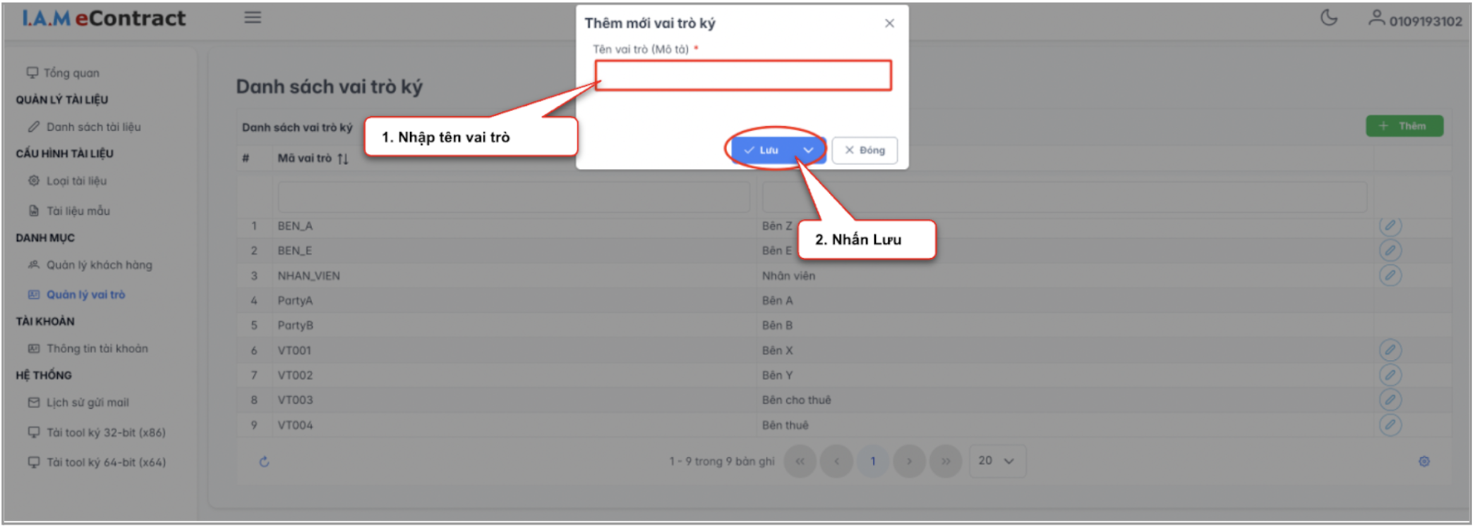 Màn hình thao tác tạo mới vai trò