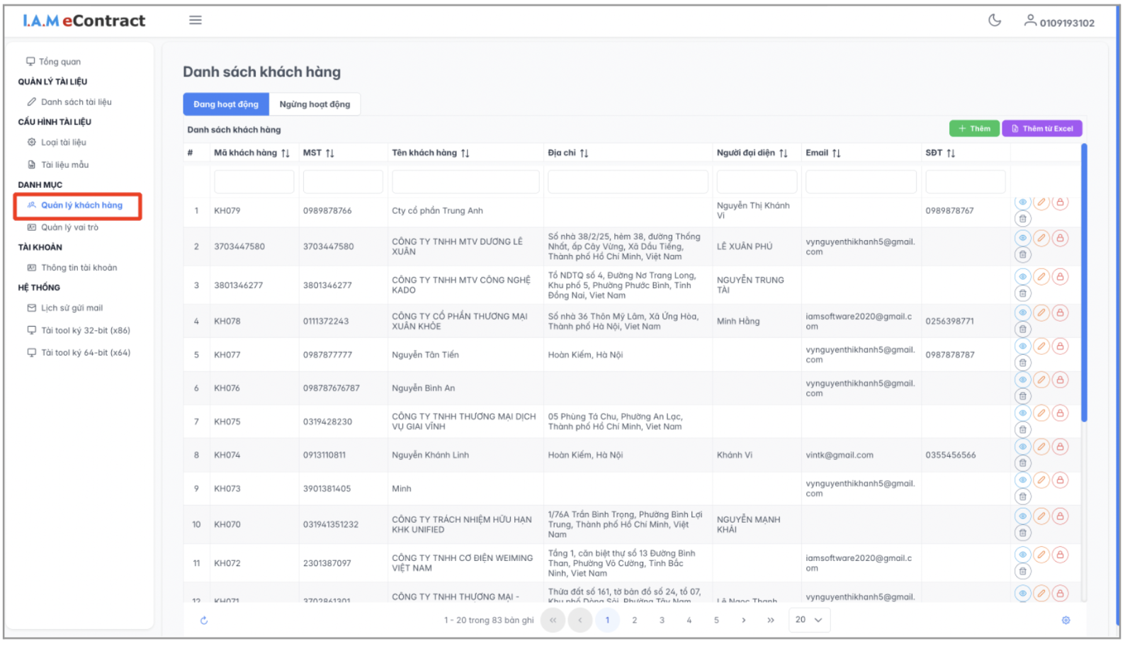 Màn hình danh sách khách hàng