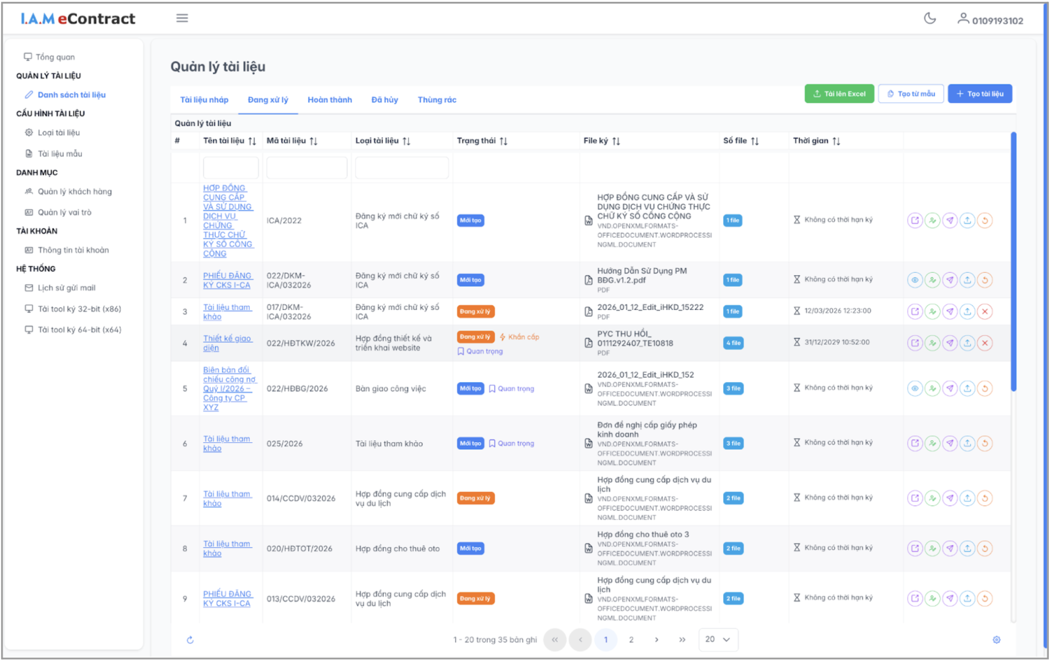 Màn hình danh sách tài liệu - đang xử lý