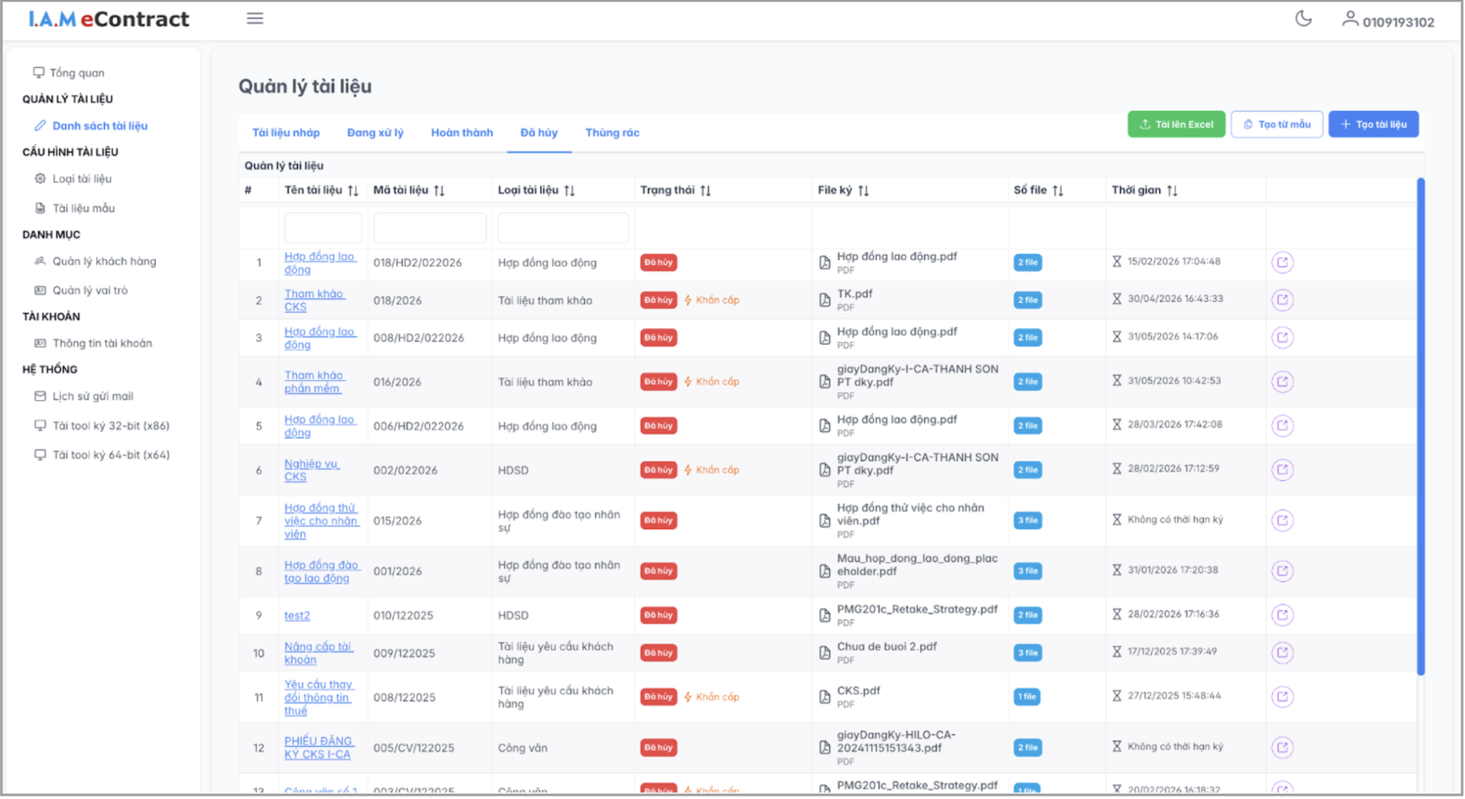 Màn hình danh sách tài liệu - đã huỷ