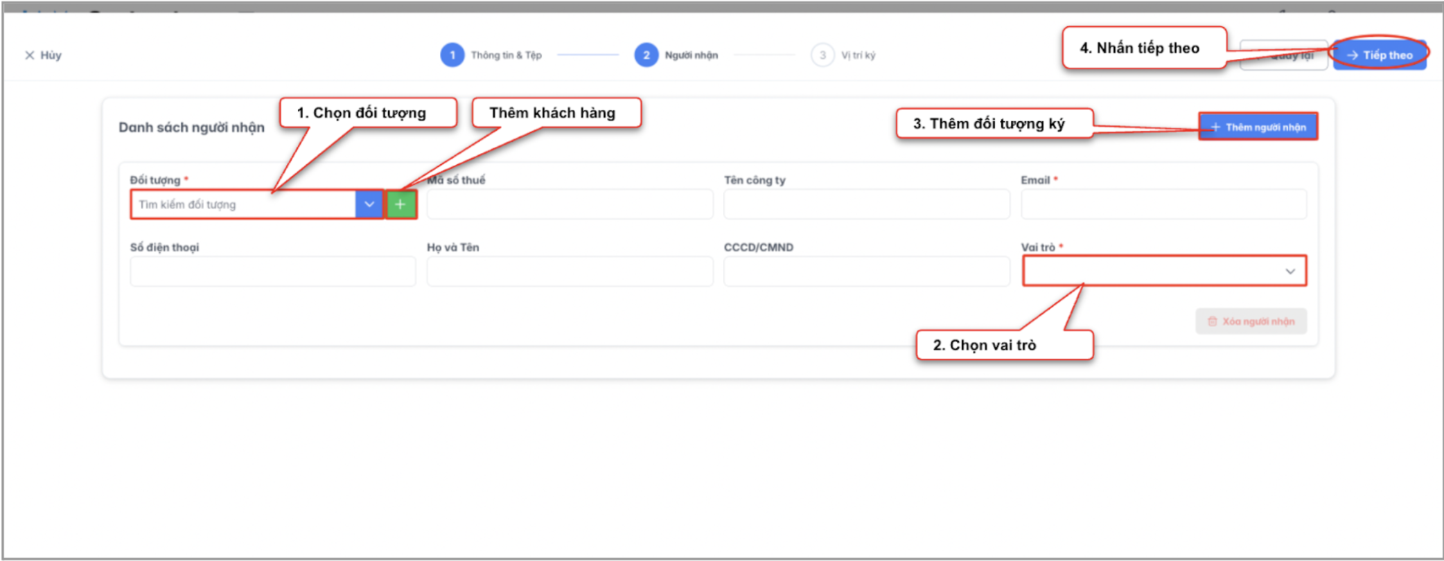 Màn hình thao tác tạo tài liệu - Người nhận