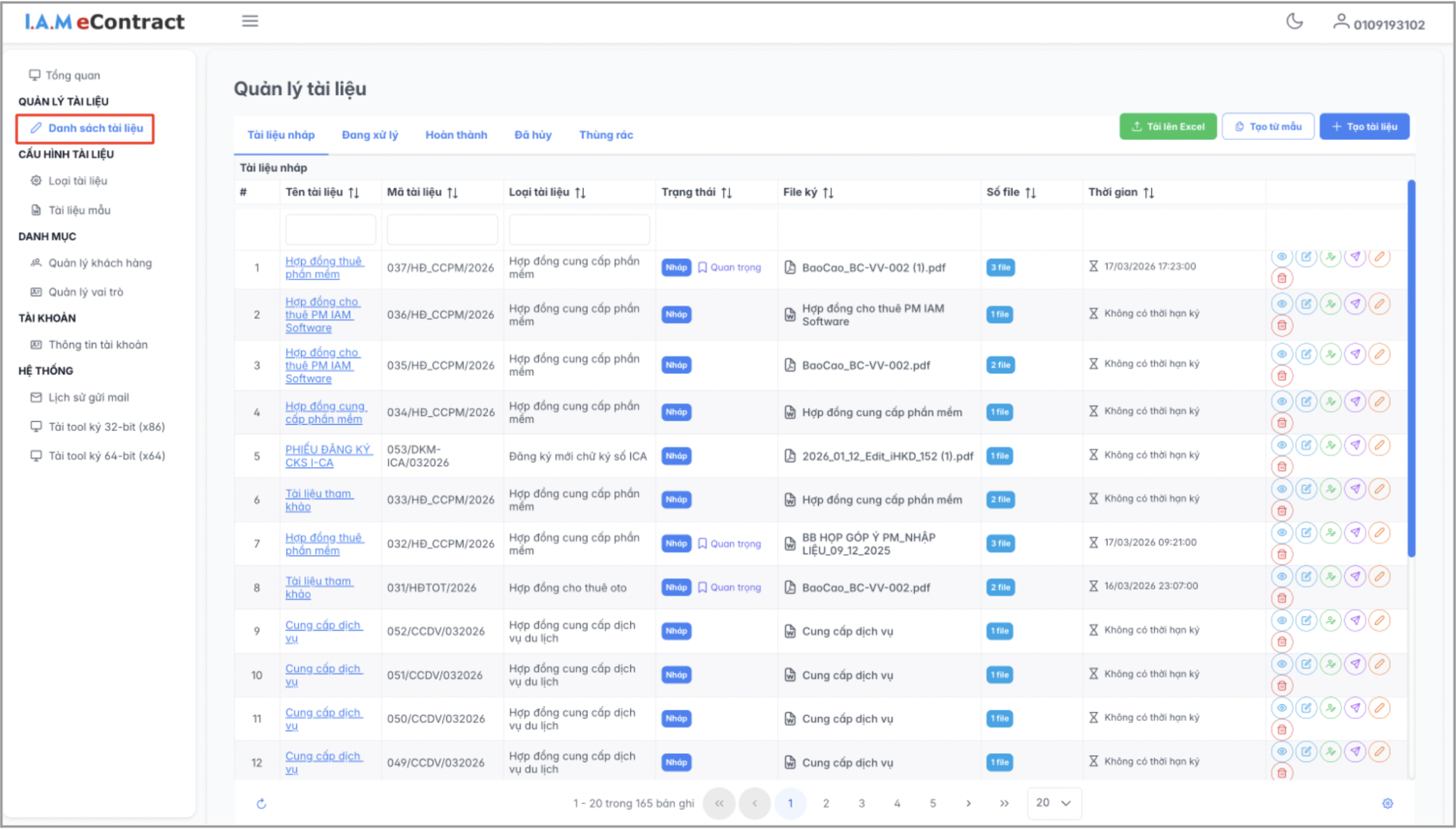 Màn hình danh sách tài liệu - tài liệu nháp
