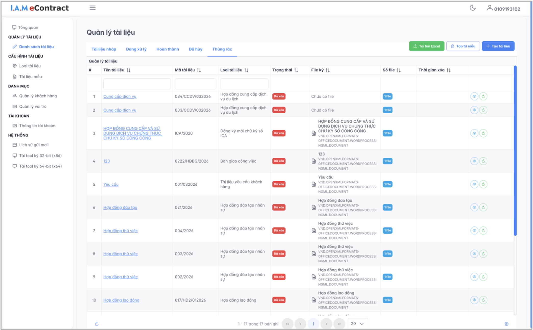 Màn hình danh sách tài liệu - thùng rác
