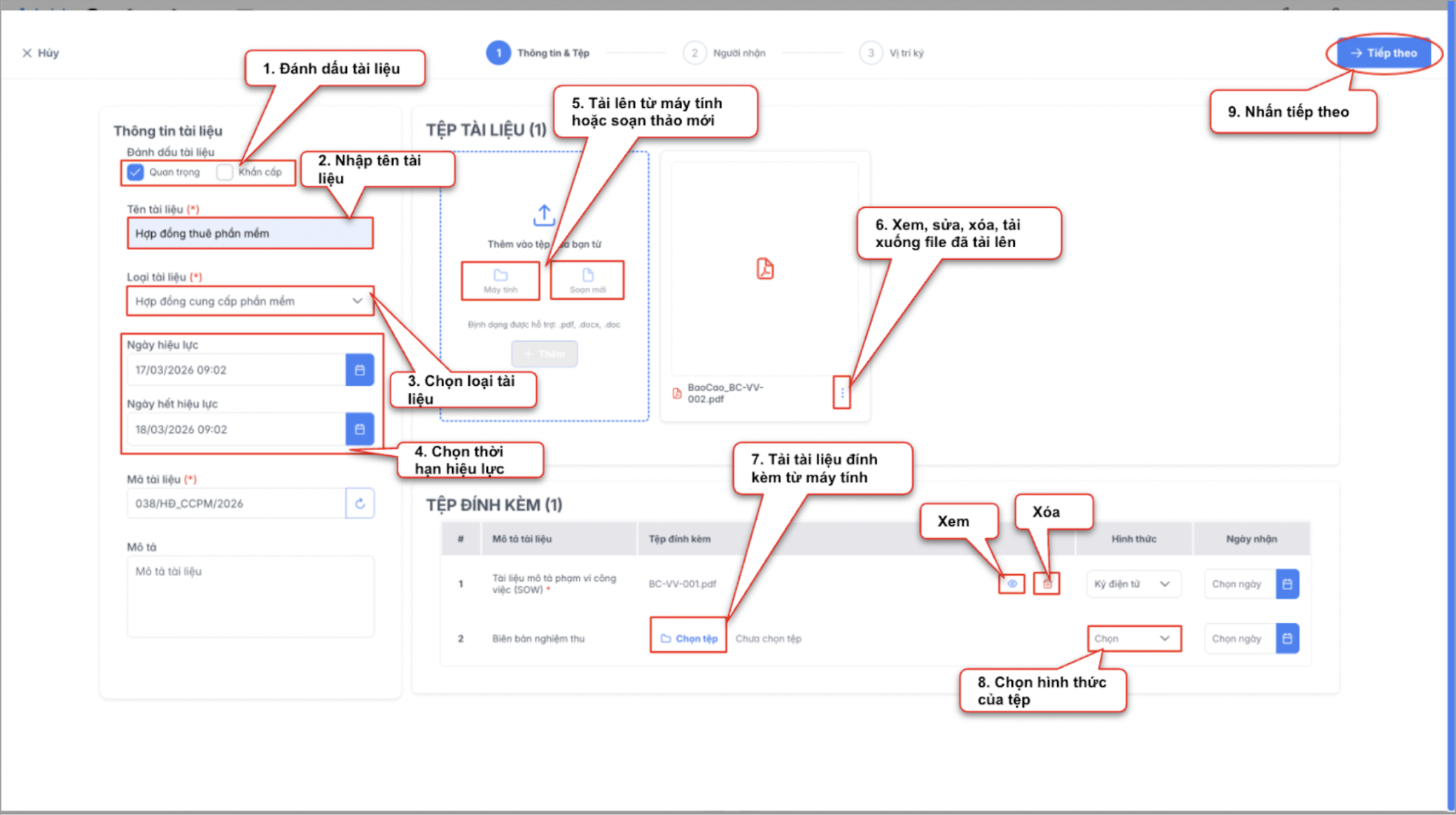 Màn hình thao tác tạo tài liệu - Thông tin & Tệp