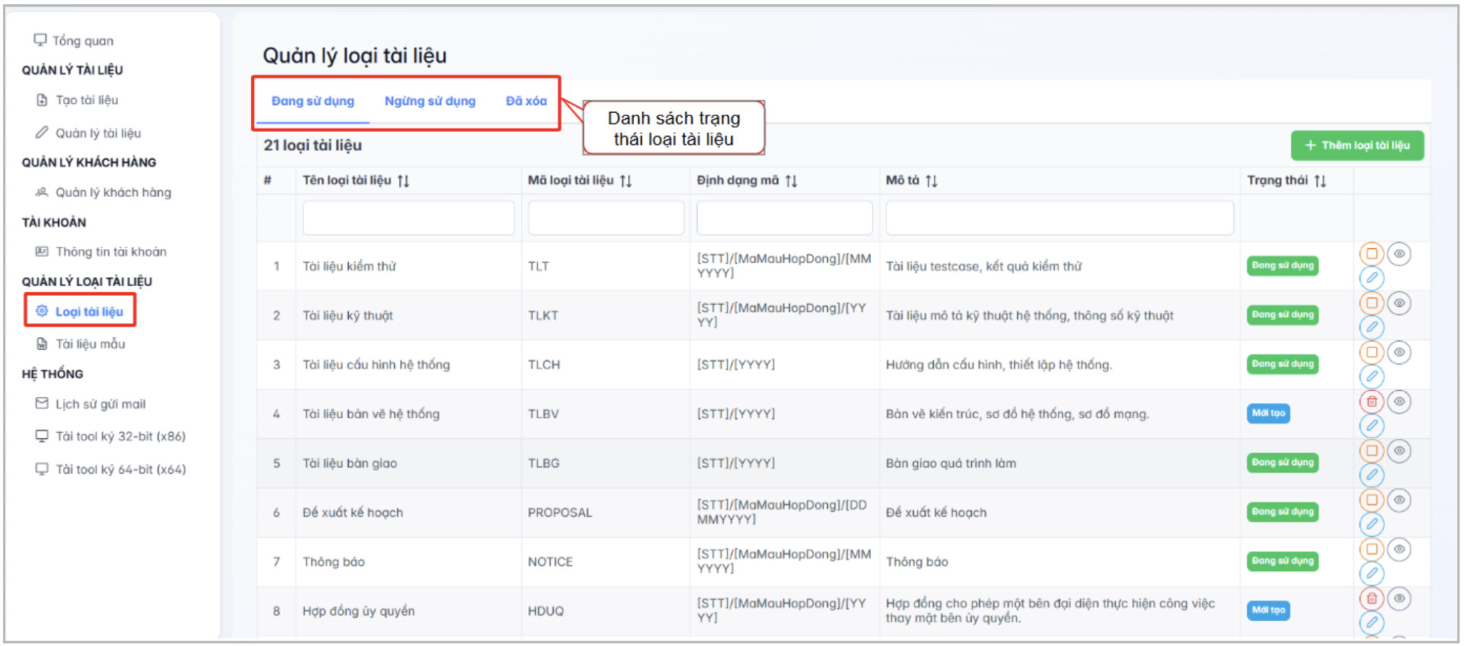 Màn hình danh sách loại tài liệu