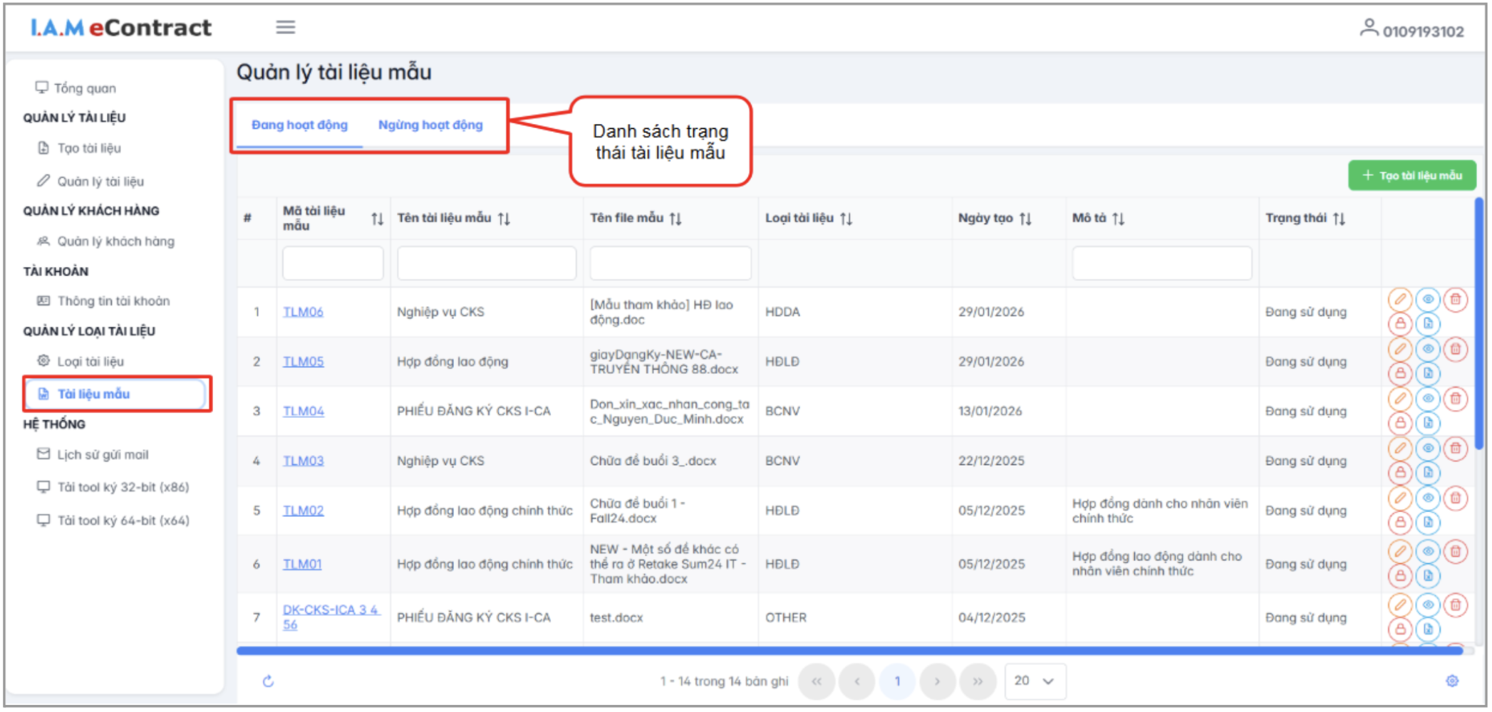 Màn hình danh sách tài liệu mẫu