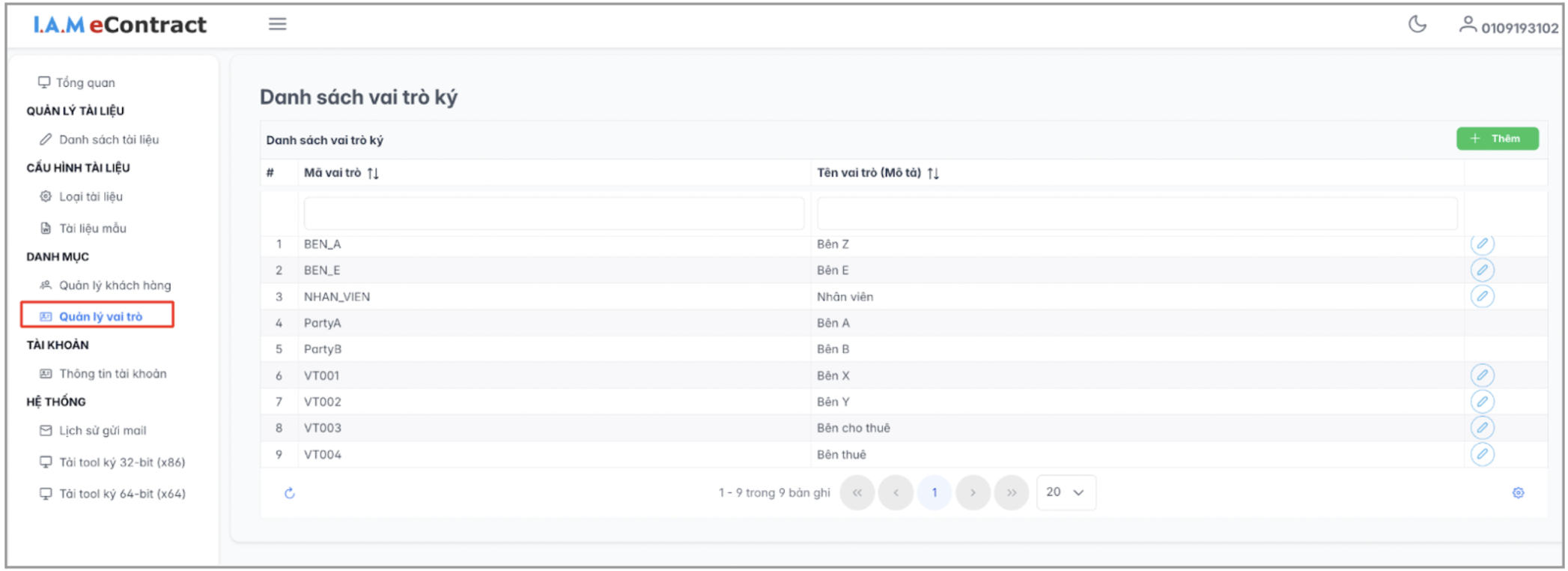 Màn hình danh sách vai trò