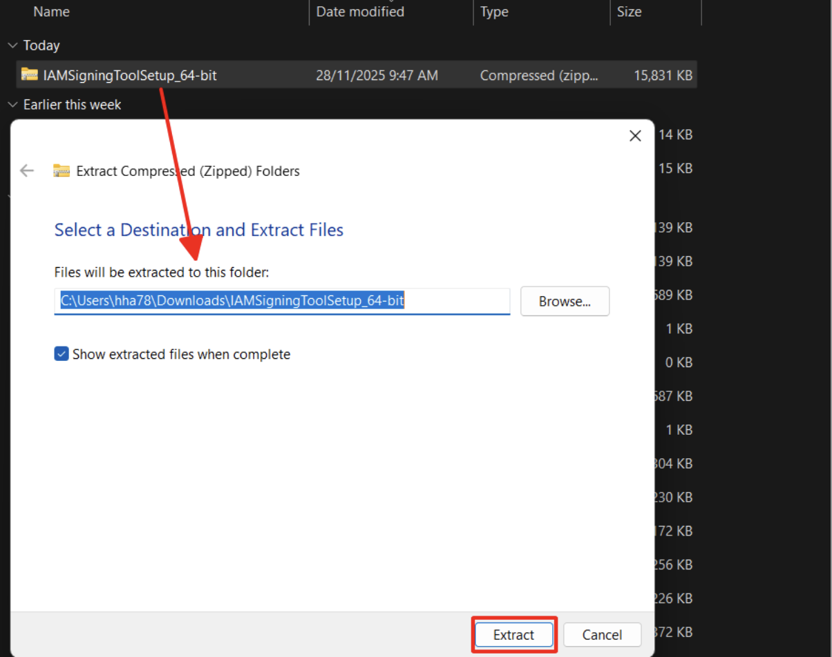 Màn hình thao tác giải nén