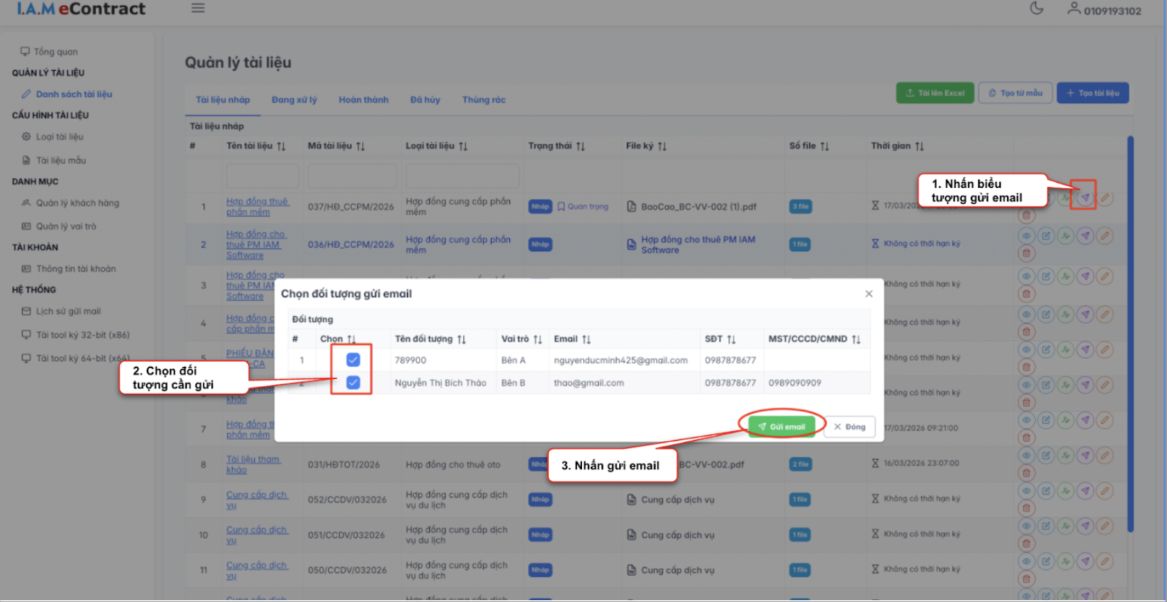 Màn hình thao tác chọn đối tượng gửi email