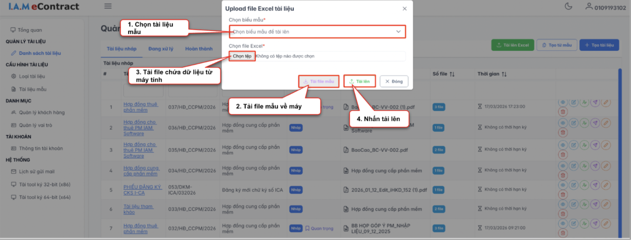 Màn hình thao tác upload excel tài liệu hàng loạt