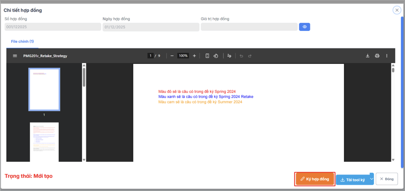 Màn hình thao tác ký hợp đồng qua email