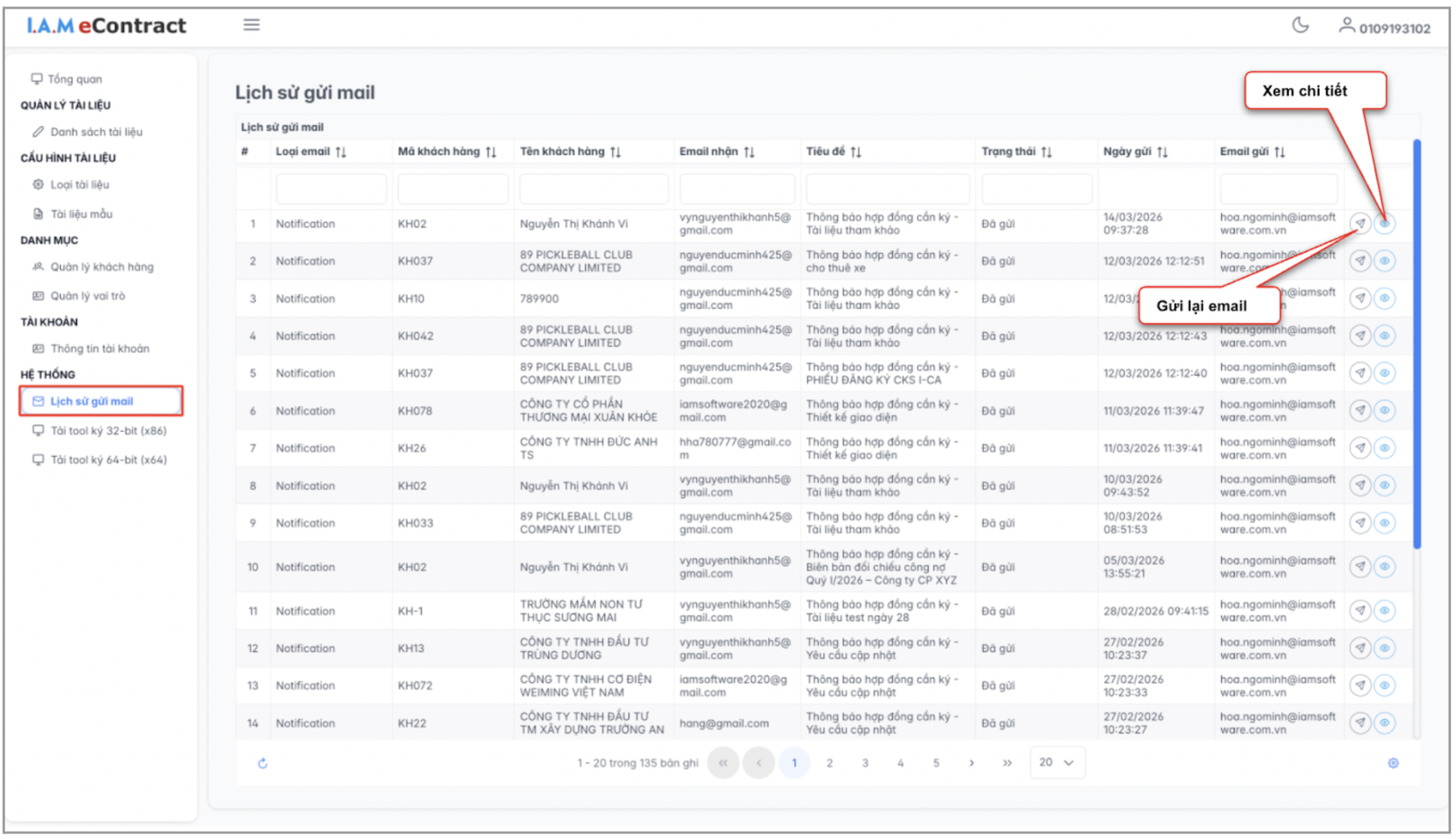 Màn hình lịch sử gửi email