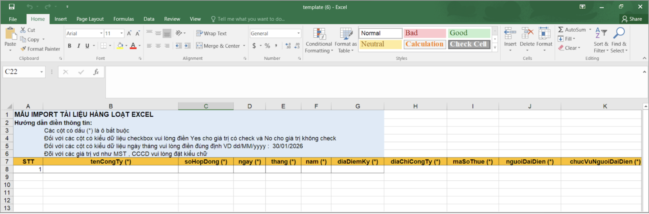 Màn hình excel mẫu tải về từ tài liệu mẫu