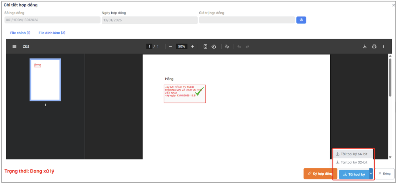 Màn hình thao tác tải tool ký