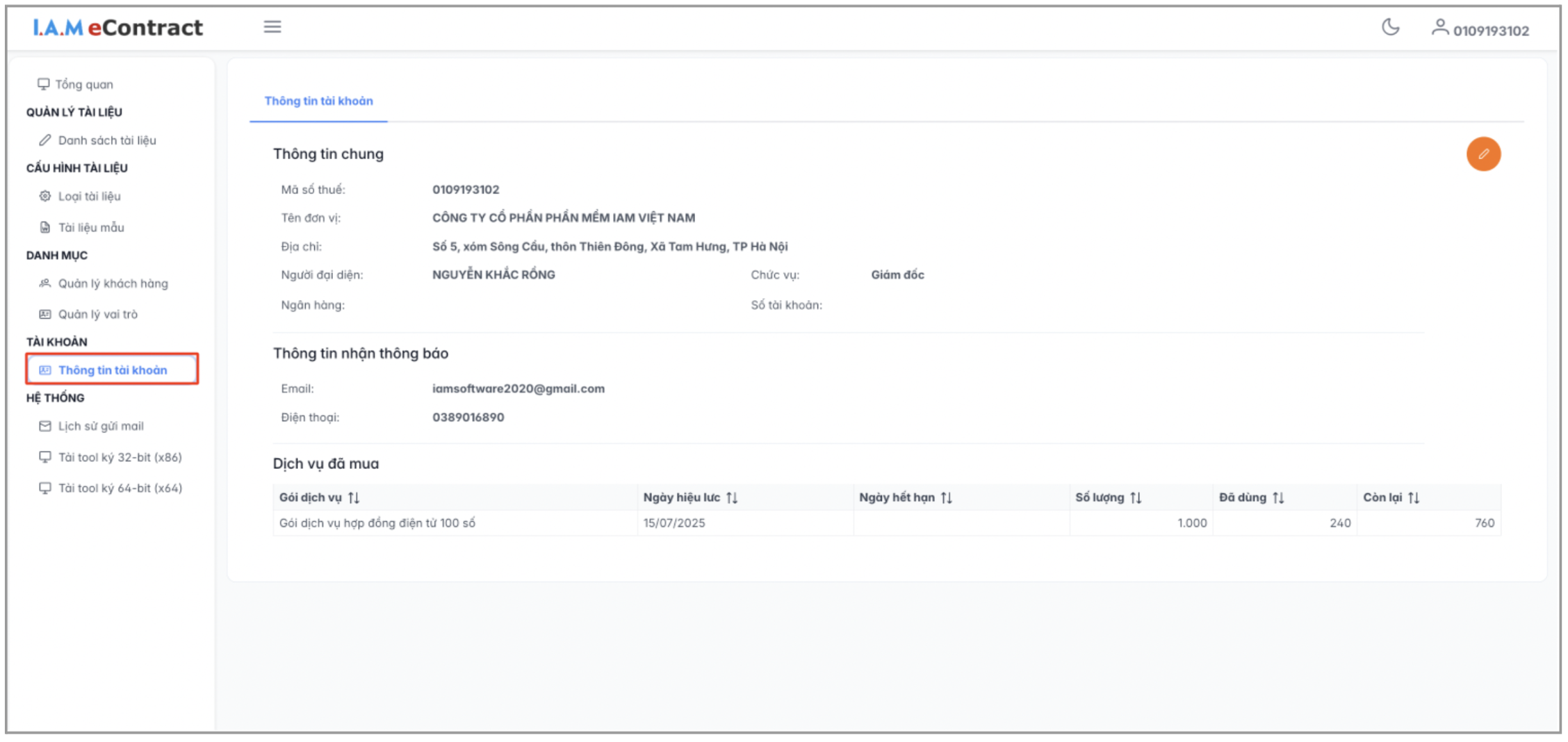 Màn hình thông tin tài khoản