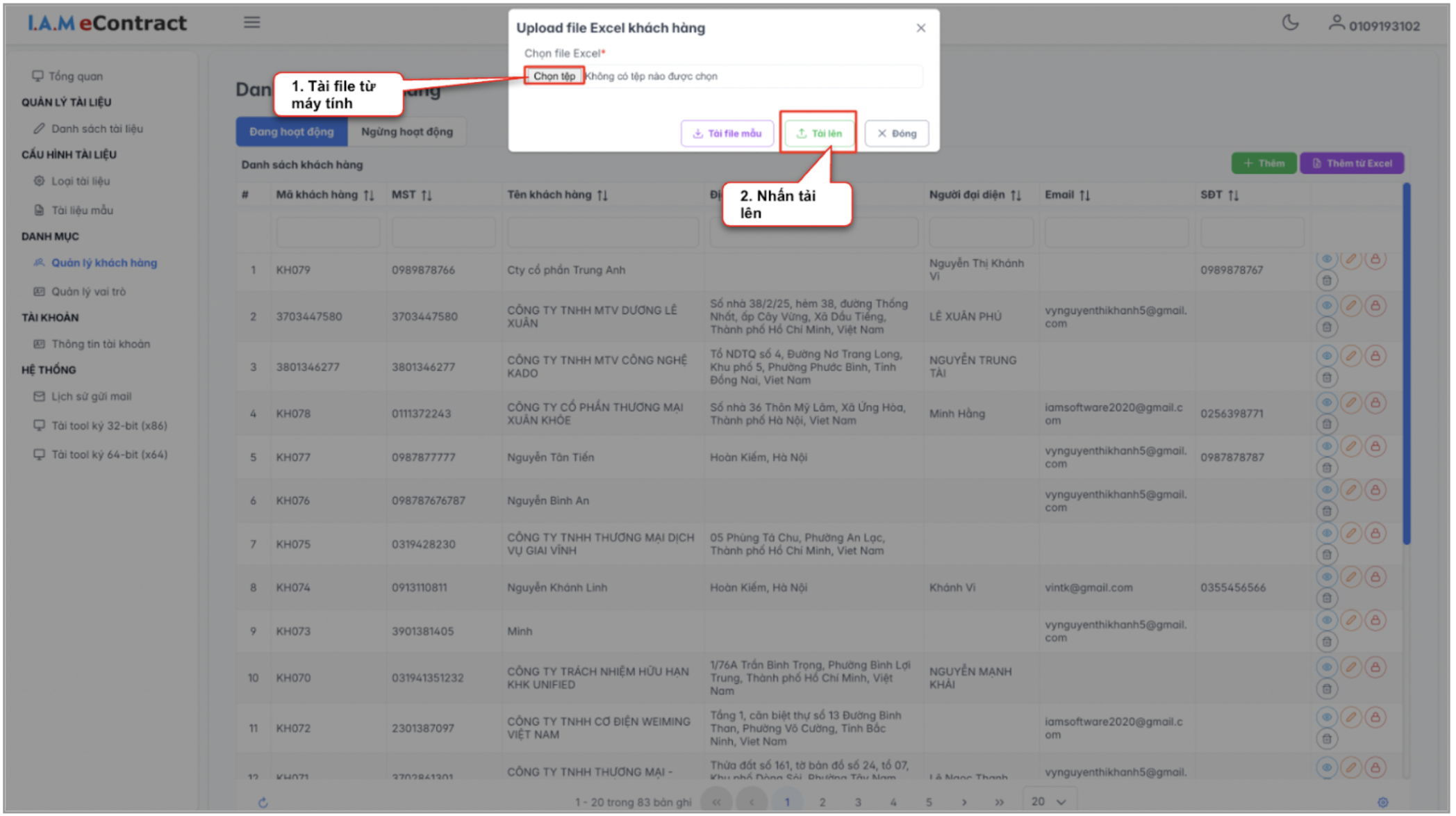 Màn hình thao tác upload excel khách hàng