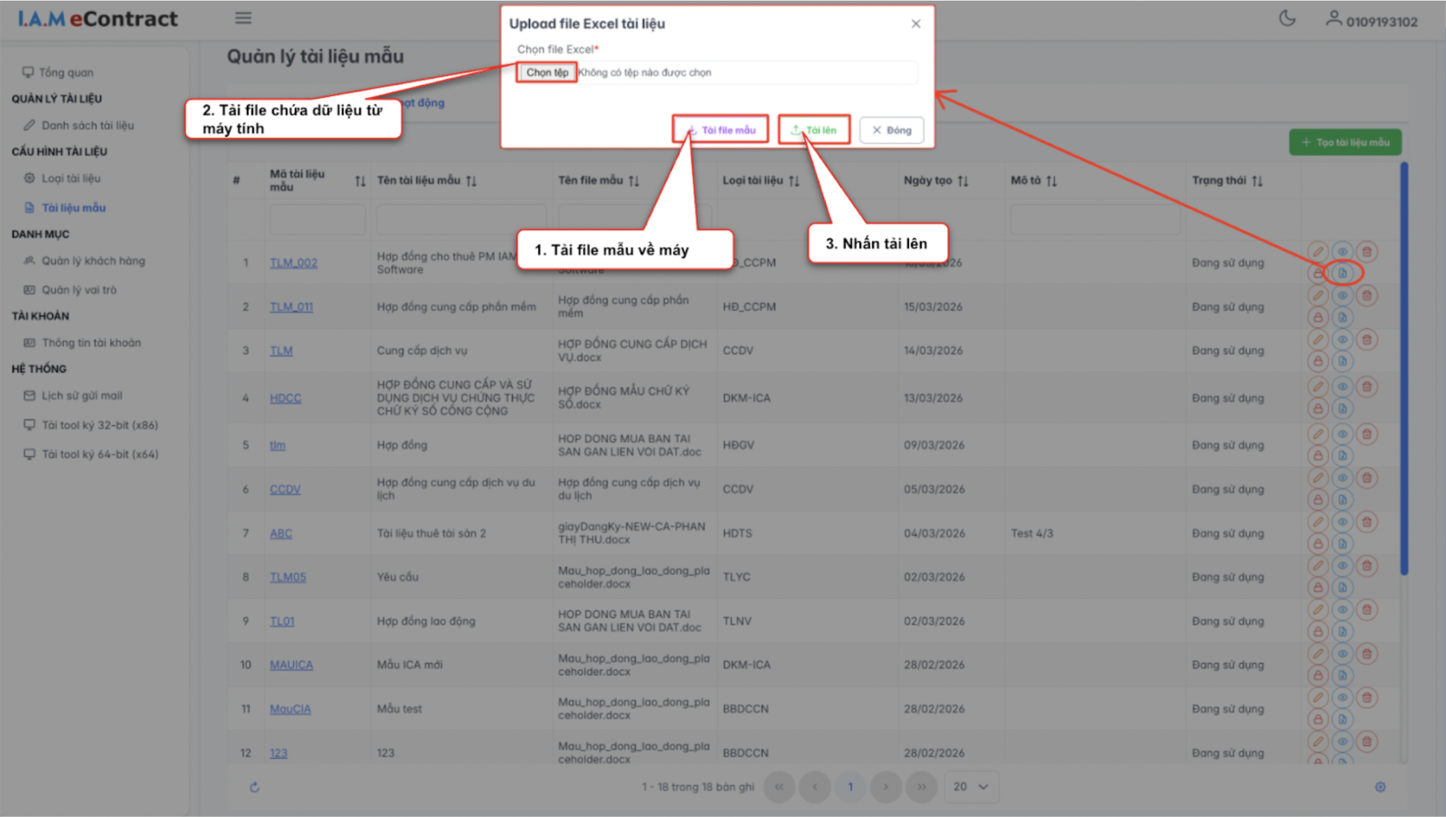 Màn hình thao tác upload excel tài liệu hàng loạt